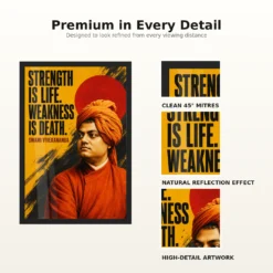 Swami Vivekananda Strength Is Life Quote Photo Frame showing a bold mustard-and-black screen poster with the Strength Is Life quote – Frame and Print Detail View