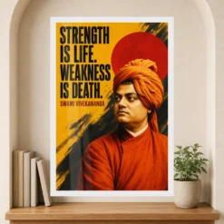 Swami Vivekananda Strength Is Life Quote Photo Frame showing a bold mustard-and-black screen poster with the Strength Is Life quote – Premium Reading Niche View