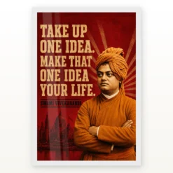 Swami Vivekananda Take Up One Idea Quote Photo Frame showing a vintage crimson Chicago poster with the Take Up One Idea quote – White Frame Main View