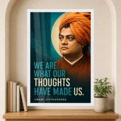 Swami Vivekananda Thoughts Have Made Us Photo Frame showing a modern teal editorial portrait with the Thoughts Have Made Us quote – Premium Reading Niche View