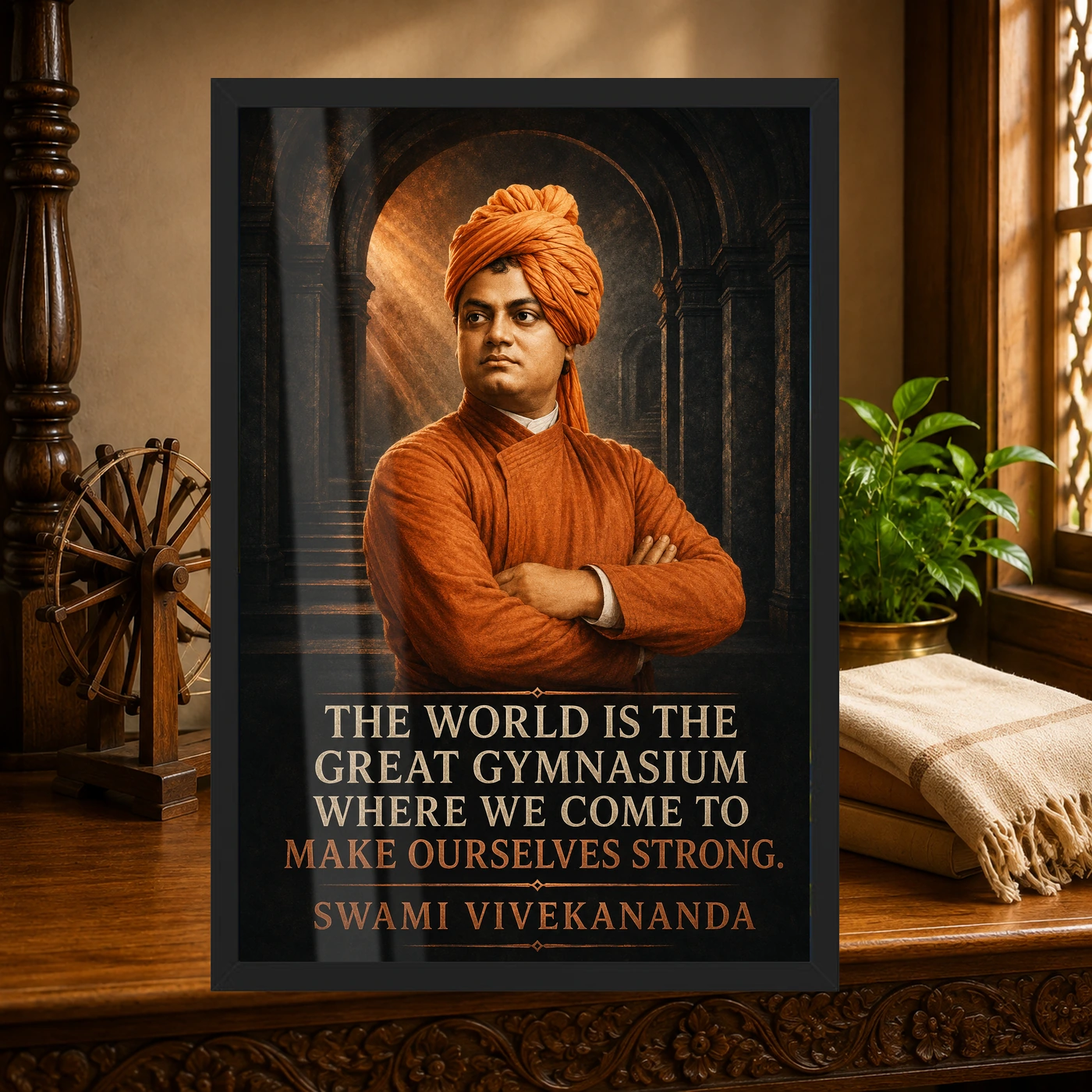 Swami Vivekananda World Is a Great Gymnasium Photo Frame 4 Swami Vivekananda World Is a Great Gymnasium Photo Frame showing a charcoal-and-copper resilience portrait with the Great Gymnasium quote – Heritage Study Lifestyle View