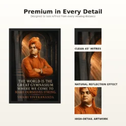 Swami Vivekananda World Is a Great Gymnasium Photo Frame 18 Swami Vivekananda World Is a Great Gymnasium Photo Frame showing a charcoal-and-copper resilience portrait with the Great Gymnasium quote – Frame and Print Detail View
