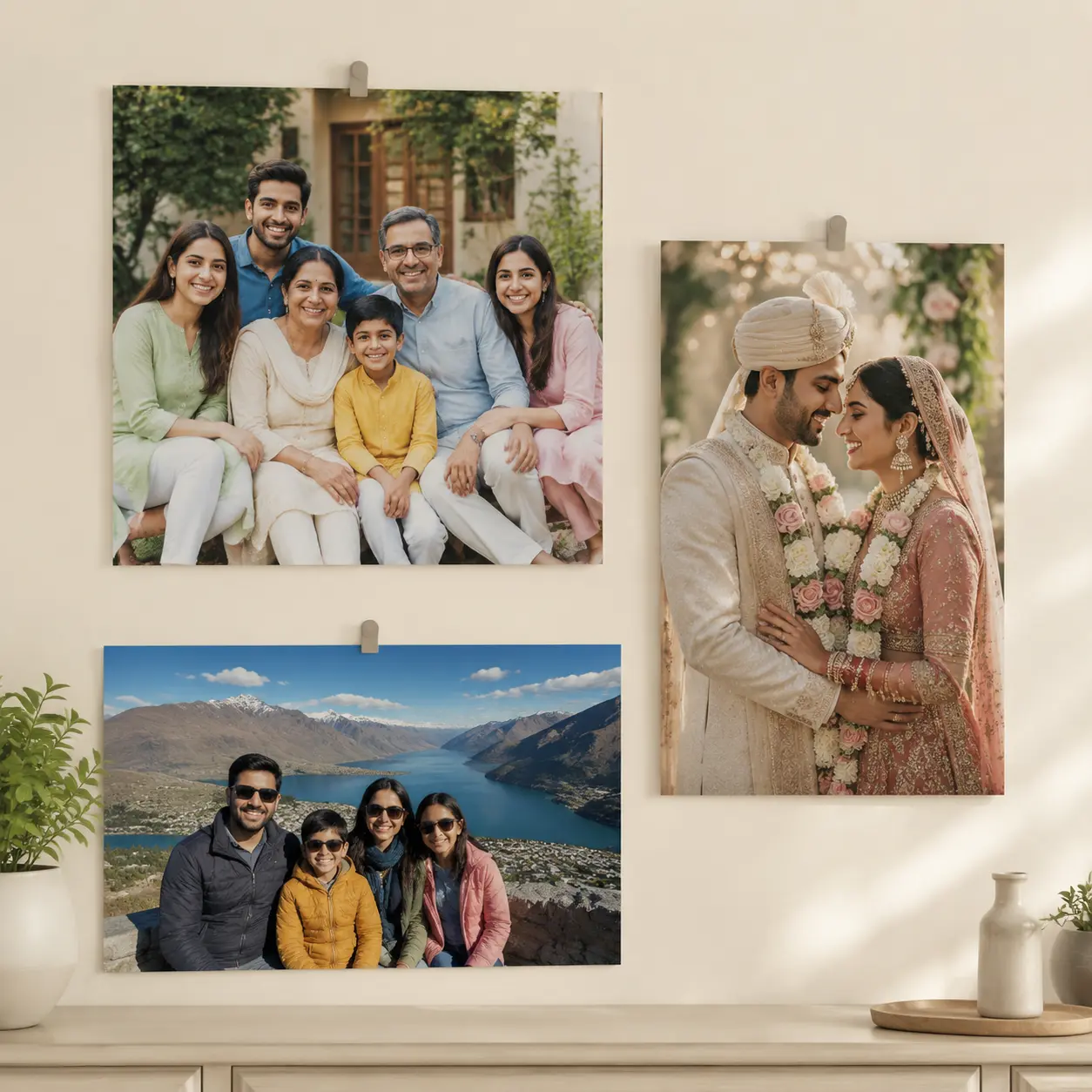 Photo Lamination Online – Custom Laminated Photo Prints 4 Unframed laminated Indian family wedding and travel photographs displayed with clips