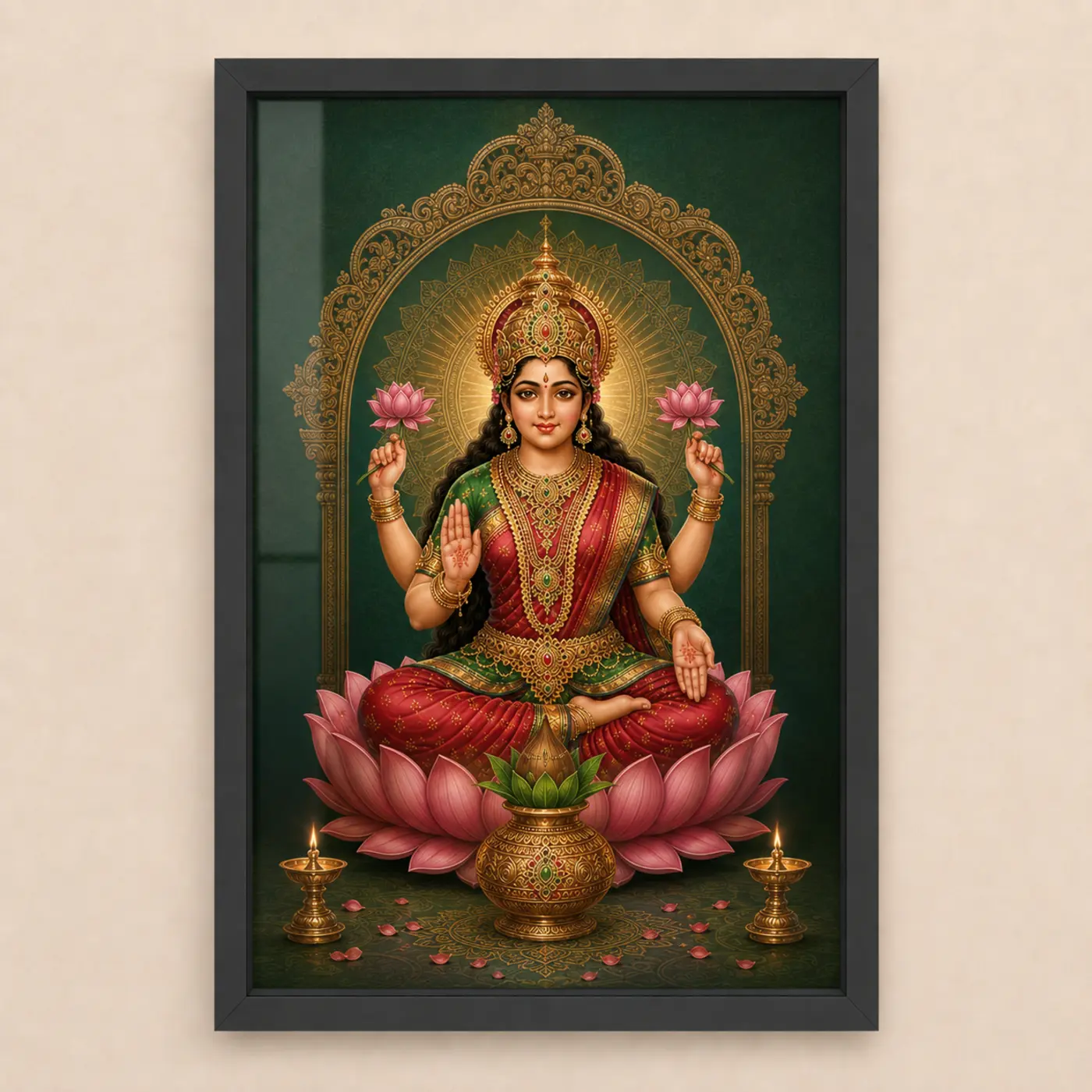 Black Varalakshmi photo frame with emerald green background and golden arch