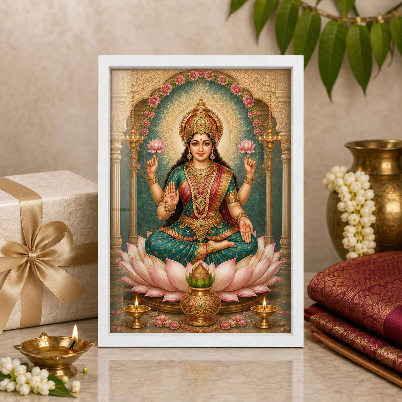 White Varalakshmi photo frame presented with Indian gift box, jasmine and Banarasi silk