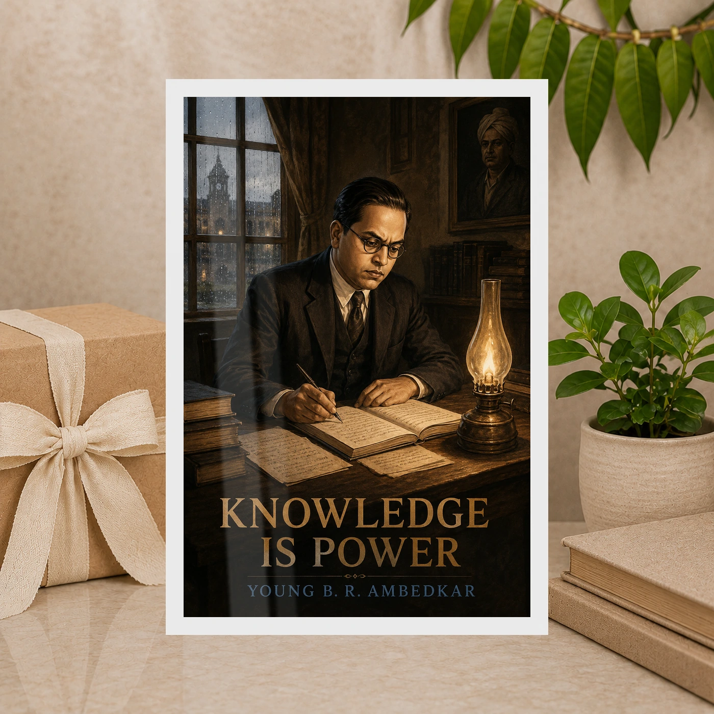 Young B. R. Ambedkar Knowledge Is Power Photo Frame 10 Young B. R. Ambedkar Knowledge Is Power Photo Frame showing early-twentieth-century young scholar scene with books, notes, rain and oil-lamp light – Premium Gift Display View