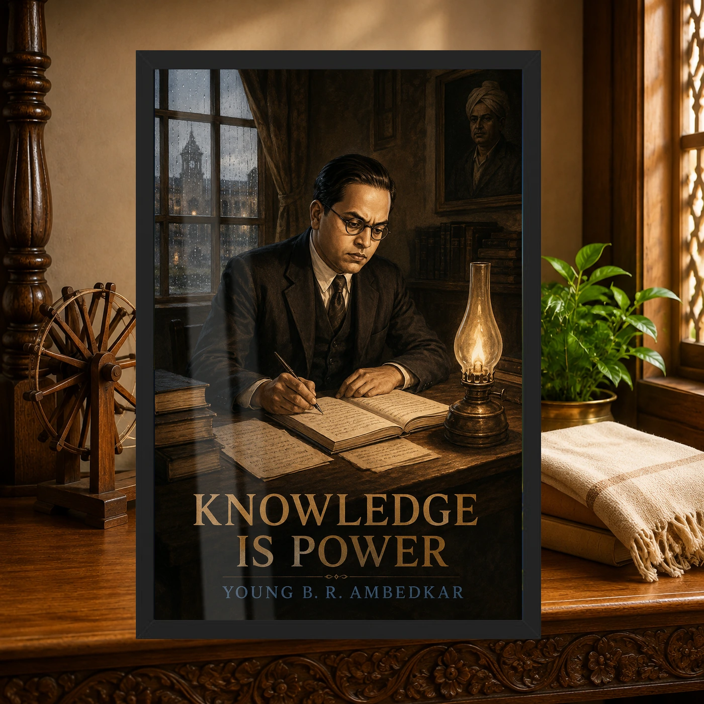 Young B. R. Ambedkar Knowledge Is Power Photo Frame 4 Young B. R. Ambedkar Knowledge Is Power Photo Frame showing early-twentieth-century young scholar scene with books, notes, rain and oil-lamp light – Heritage Study Lifestyle View