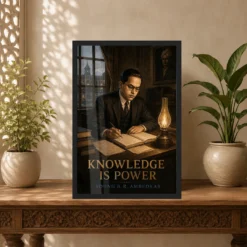 Young B. R. Ambedkar Knowledge Is Power Photo Frame 14 Young B. R. Ambedkar Knowledge Is Power Photo Frame showing early-twentieth-century young scholar scene with books, notes, rain and oil-lamp light – Indian Carved Console View