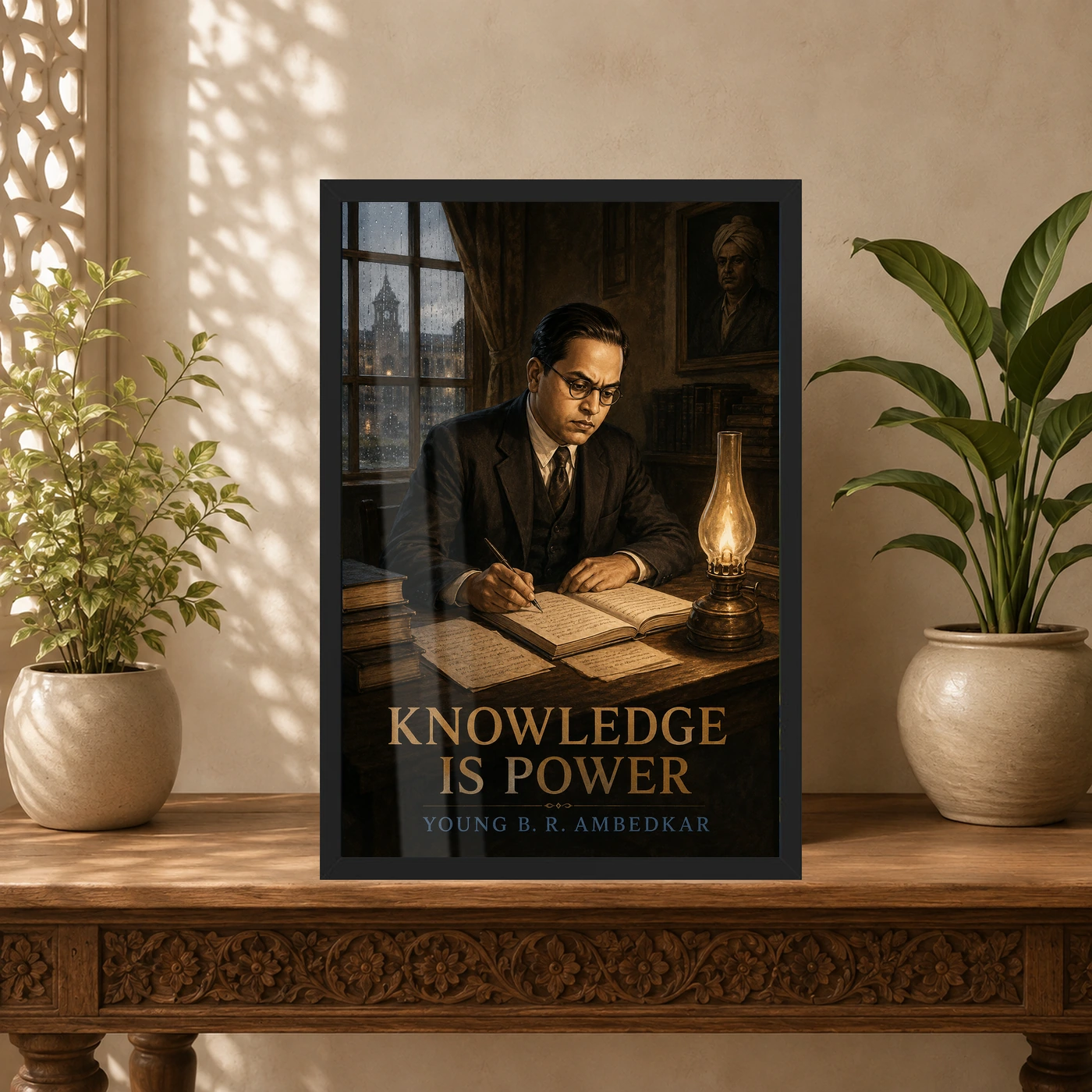 Young B. R. Ambedkar Knowledge Is Power Photo Frame 5 Young B. R. Ambedkar Knowledge Is Power Photo Frame showing early-twentieth-century young scholar scene with books, notes, rain and oil-lamp light – Indian Carved Console View