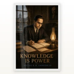 Young B. R. Ambedkar Knowledge Is Power Photo Frame showing early-twentieth-century young scholar scene with books, notes, rain and oil-lamp light – White Frame Main View