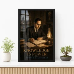 Young B. R. Ambedkar Knowledge Is Power Photo Frame 12 Young B. R. Ambedkar Knowledge Is Power Photo Frame showing early-twentieth-century young scholar scene with books, notes, rain and oil-lamp light – Premium Console Lifestyle View
