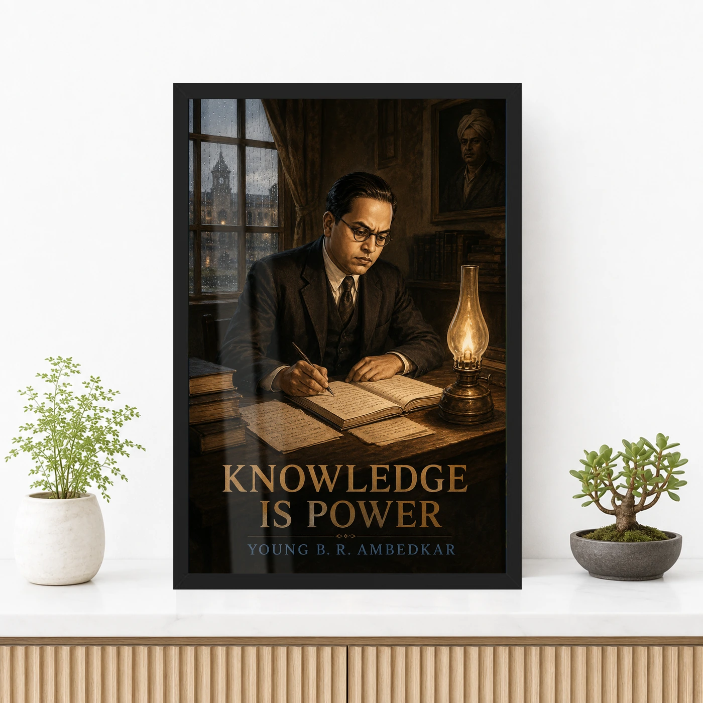 Young B. R. Ambedkar Knowledge Is Power Photo Frame 3 Young B. R. Ambedkar Knowledge Is Power Photo Frame showing early-twentieth-century young scholar scene with books, notes, rain and oil-lamp light – Premium Console Lifestyle View