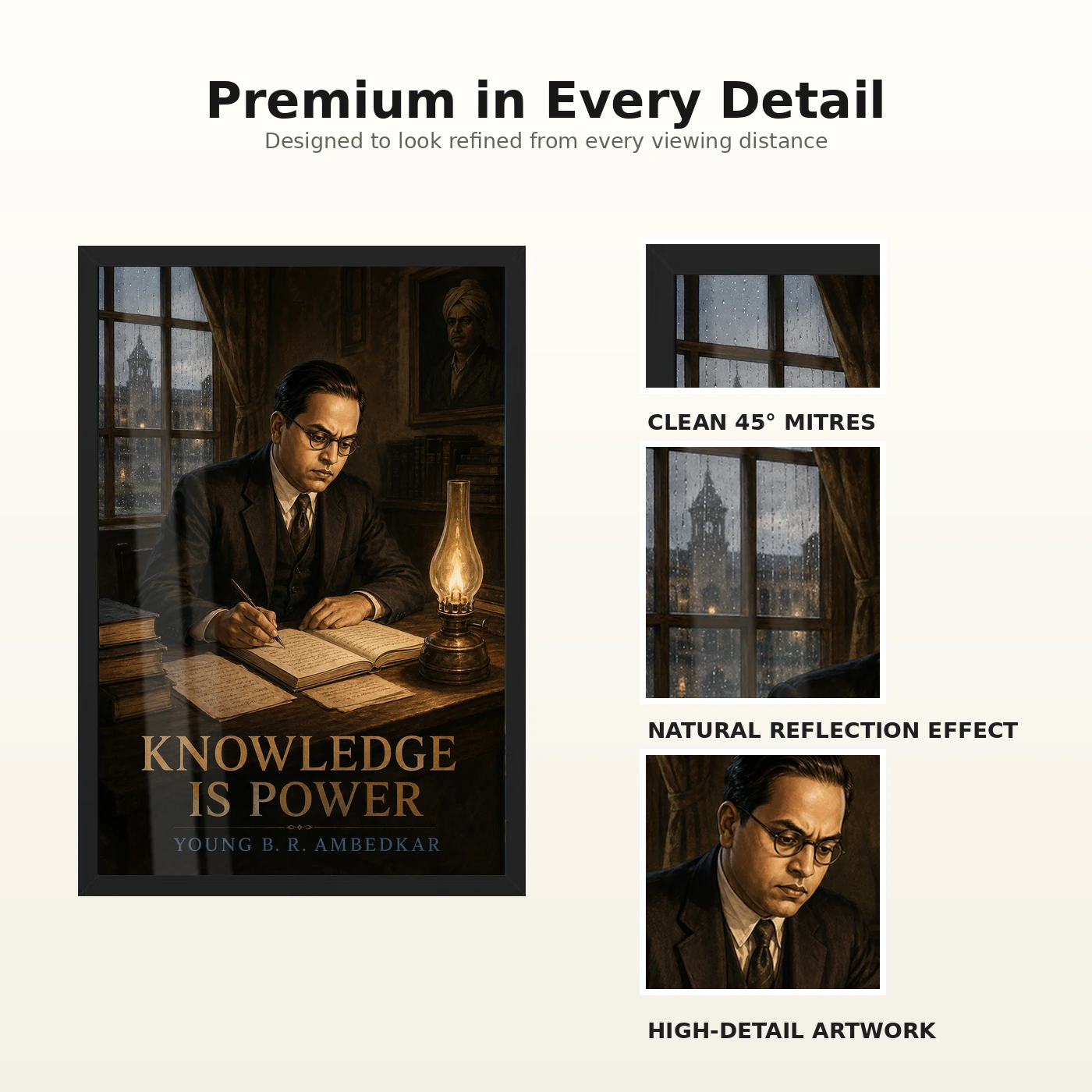 Young B. R. Ambedkar Knowledge Is Power Photo Frame 9 Young B. R. Ambedkar Knowledge Is Power Photo Frame showing early-twentieth-century young scholar scene with books, notes, rain and oil-lamp light – Frame and Print Detail View