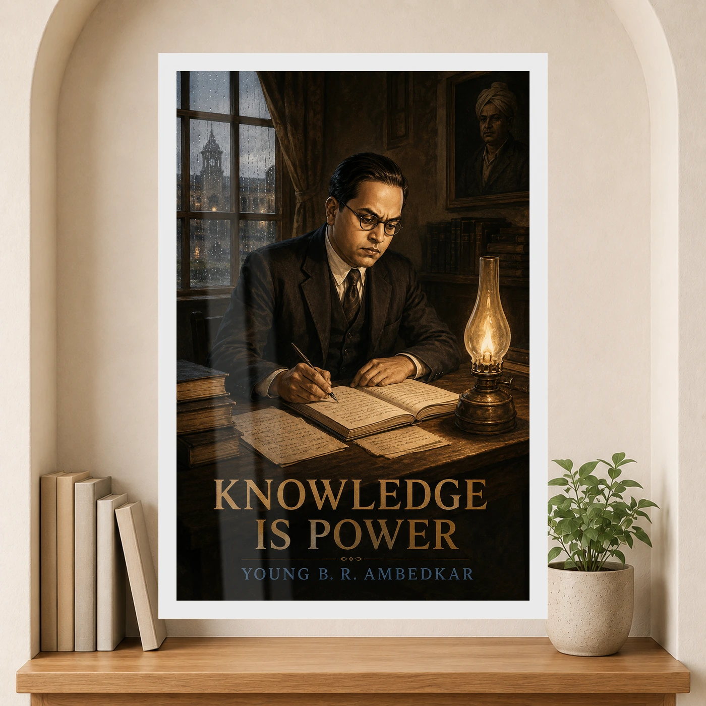 Young B. R. Ambedkar Knowledge Is Power Photo Frame 6 Young B. R. Ambedkar Knowledge Is Power Photo Frame showing early-twentieth-century young scholar scene with books, notes, rain and oil-lamp light – Reading Niche Lifestyle View