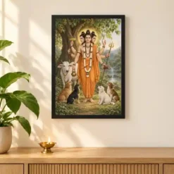 Dattatreya Audumbar Riverside Blessings Photo Frame — black frame pooja shelf