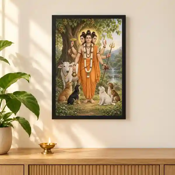 Dattatreya Audumbar Riverside Blessings Photo Frame 1 Dattatreya Audumbar Riverside Blessings Photo Frame — black frame pooja shelf