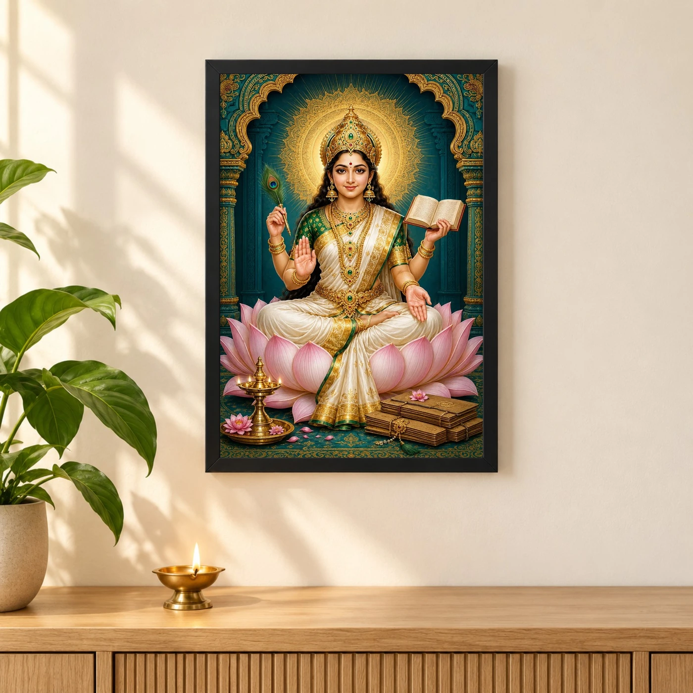 Vidya Lakshmi — Goddess of Knowledge Frame 3 Vidya Lakshmi — Goddess of Knowledge Frame — black frame pooja shelf