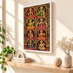 Ashta Lakshmi — Traditional Temple Style Frame — white frame warm console