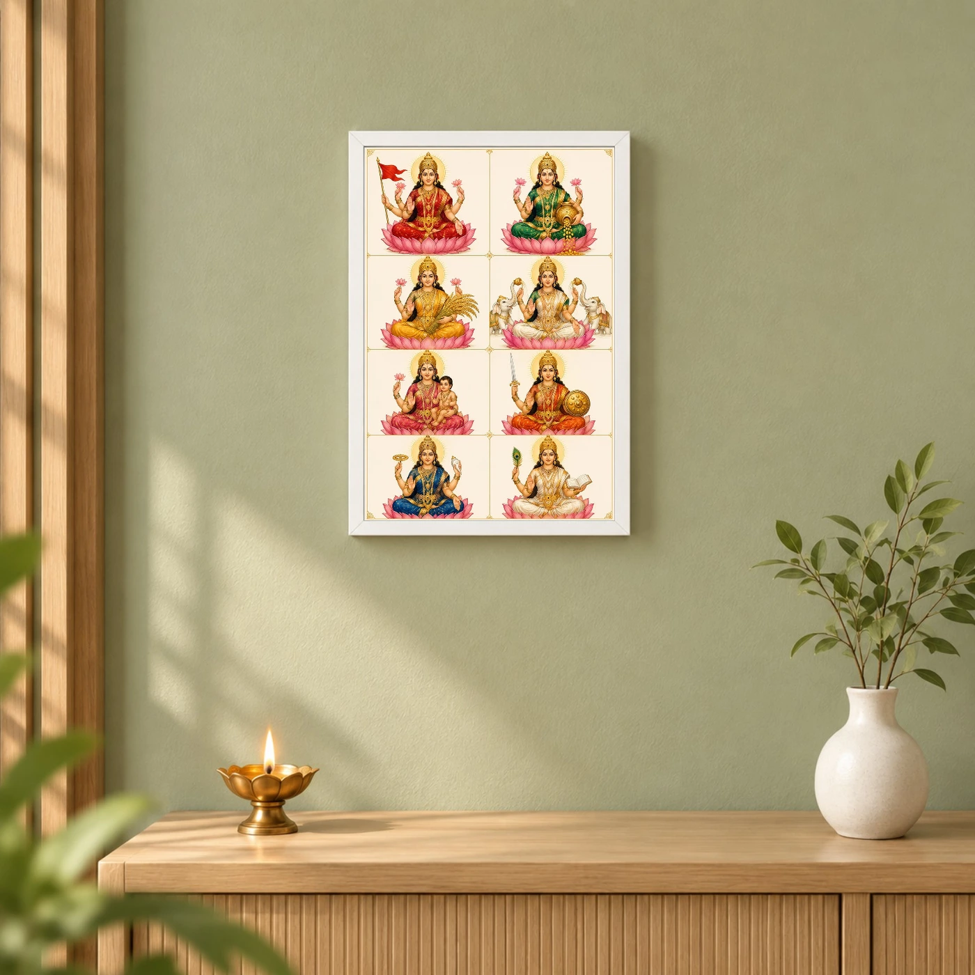 Ashta Lakshmi — Modern Minimalist 8-Grid Frame 6 Ashta Lakshmi — Modern Minimalist 8-Grid Frame — white frame distant wall