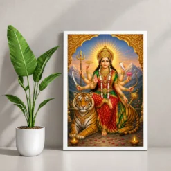 Sherawali Mata — Tiger Blessings Frame — white frame console