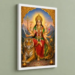 Sherawali Mata — Tiger Blessings Frame — white frame angled wall