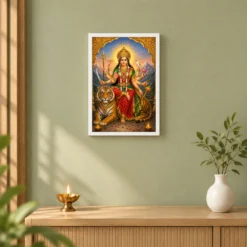 Sherawali Mata — Tiger Blessings Frame — white frame distant wall