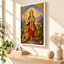 Sherawali Mata — Tiger Blessings Frame — white frame warm console