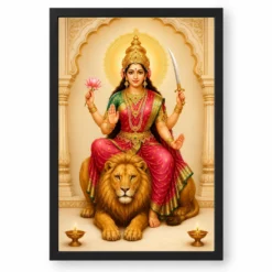 Maa Katyayani — Lion Blessings Frame — black frame clean