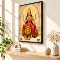 Maa Katyayani — Lion Blessings Frame — black frame console