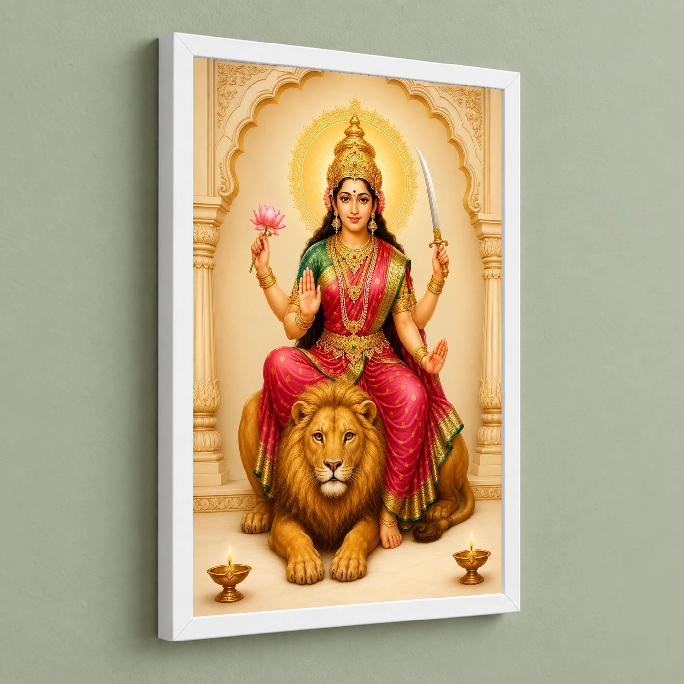 Maa Katyayani — Lion Blessings Frame 5 Maa Katyayani — Lion Blessings Frame — white frame angled wall
