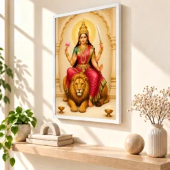 Maa Katyayani — Lion Blessings Frame 15 Maa Katyayani — Lion Blessings Frame — white frame warm console