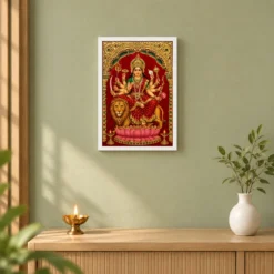 Durga — Tanjore Gold Traditional Art Frame — white frame distant wall