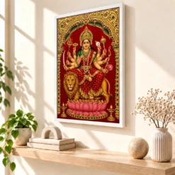 Durga — Tanjore Gold Traditional Art Frame — white frame warm console