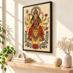 Durga — Madhubani Folk Art Frame — black frame console