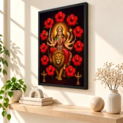 Durga Maa — Red Hibiscus Radiance Frame — black frame console