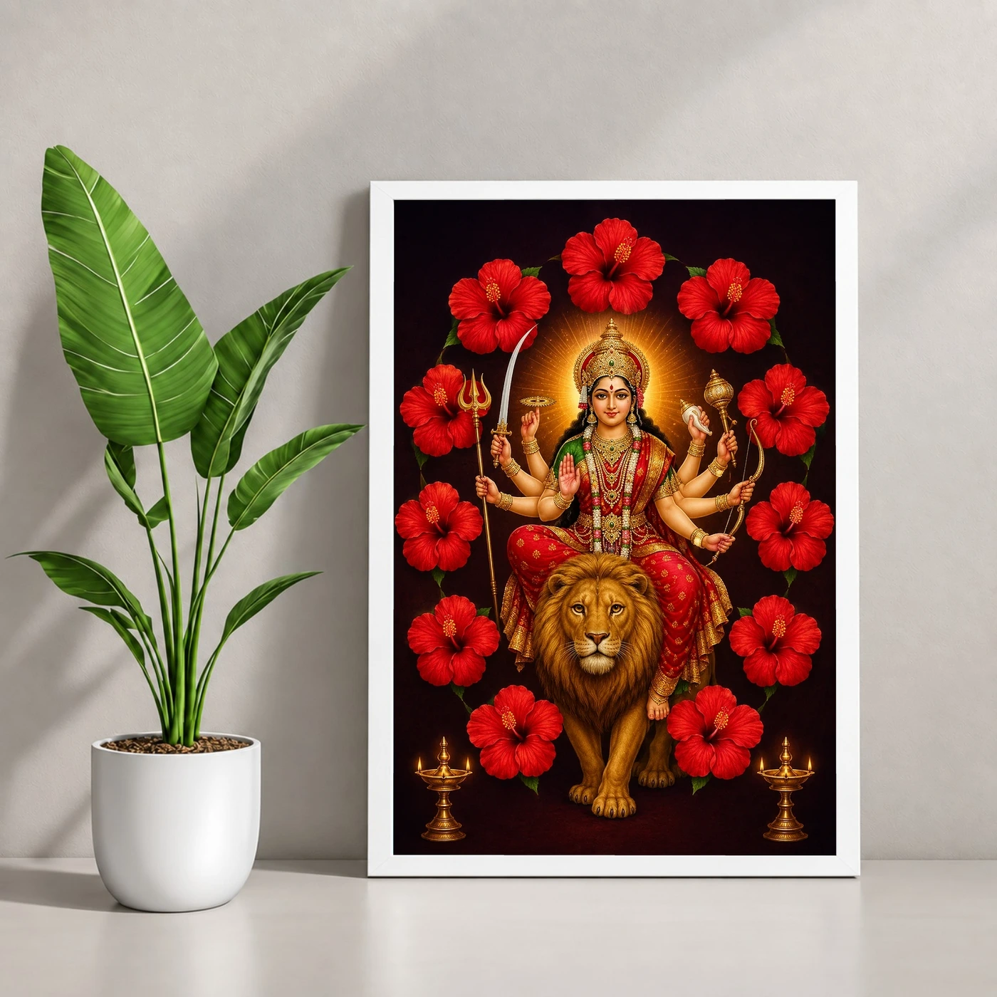 Durga Maa — Red Hibiscus Radiance Frame 4 Durga Maa — Red Hibiscus Radiance Frame — white frame console