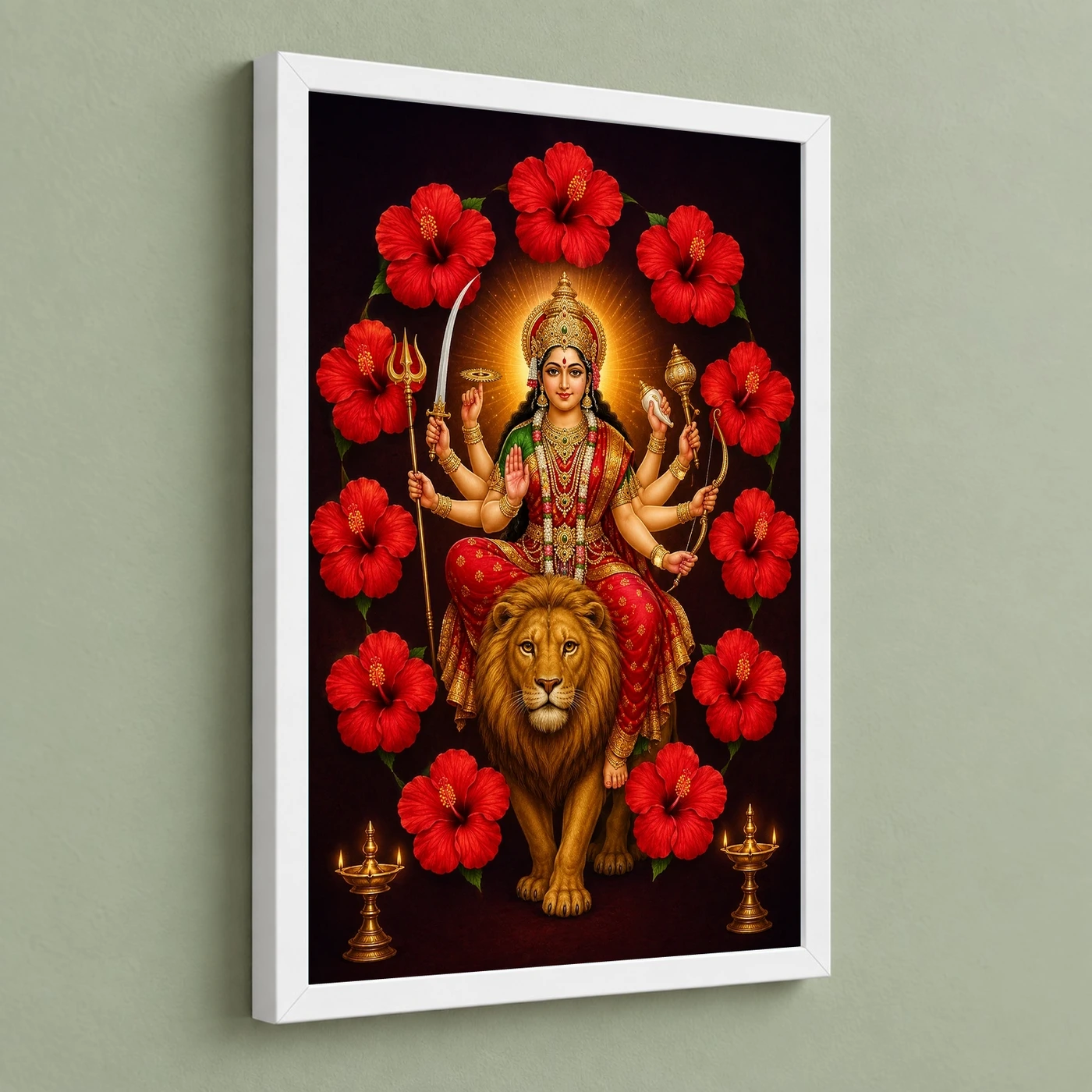 Durga Maa — Red Hibiscus Radiance Frame 5 Durga Maa — Red Hibiscus Radiance Frame — white frame angled wall