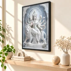 White Marble Durga — Silver Serenity Frame — black frame console
