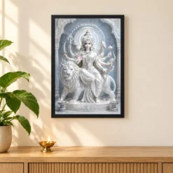White Marble Durga — Silver Serenity Frame — black frame pooja shelf