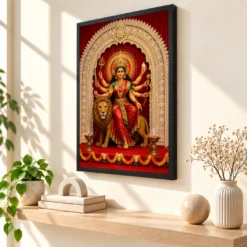 Durga Maa — Navratri Pandal Blessings Frame — black frame console