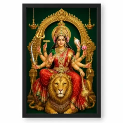 Durga Maa — Golden Lion Throne Frame — black frame clean