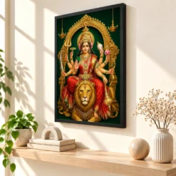 Durga Maa — Golden Lion Throne Frame — black frame console
