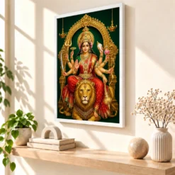 Durga Maa — Golden Lion Throne Frame — white frame warm console