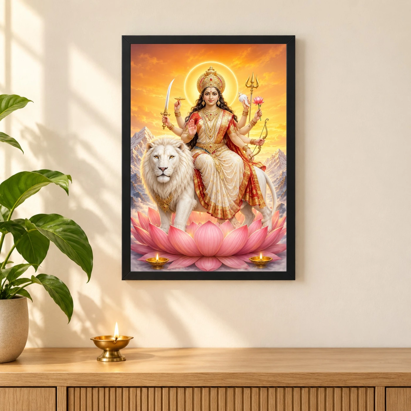 Durga Maa — Himalayan Sunrise Frame 3 Durga Maa — Himalayan Sunrise Frame — black frame pooja shelf