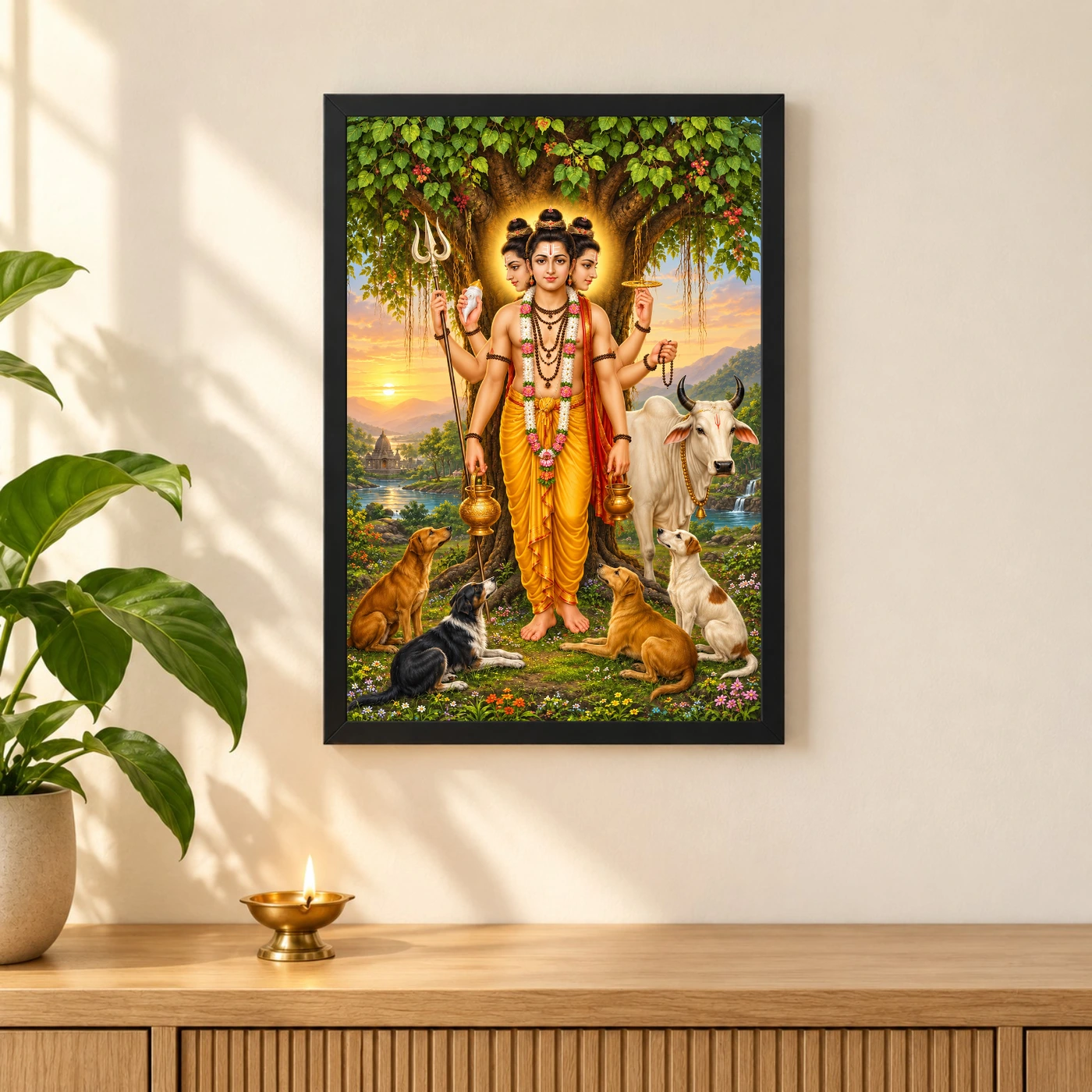 Dattatreya Audumbar Cow Blessings Photo Frame 3 Dattatreya Audumbar Cow Blessings Photo Frame — black frame pooja shelf