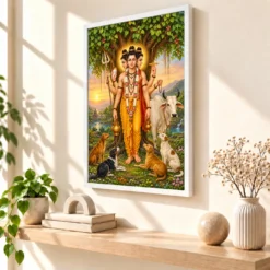 Dattatreya Audumbar Cow Blessings Photo Frame 15 Dattatreya Audumbar Cow Blessings Photo Frame — white frame warm console