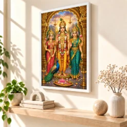 Murugan with Valli Devasena Palani Photo Frame — white frame warm console