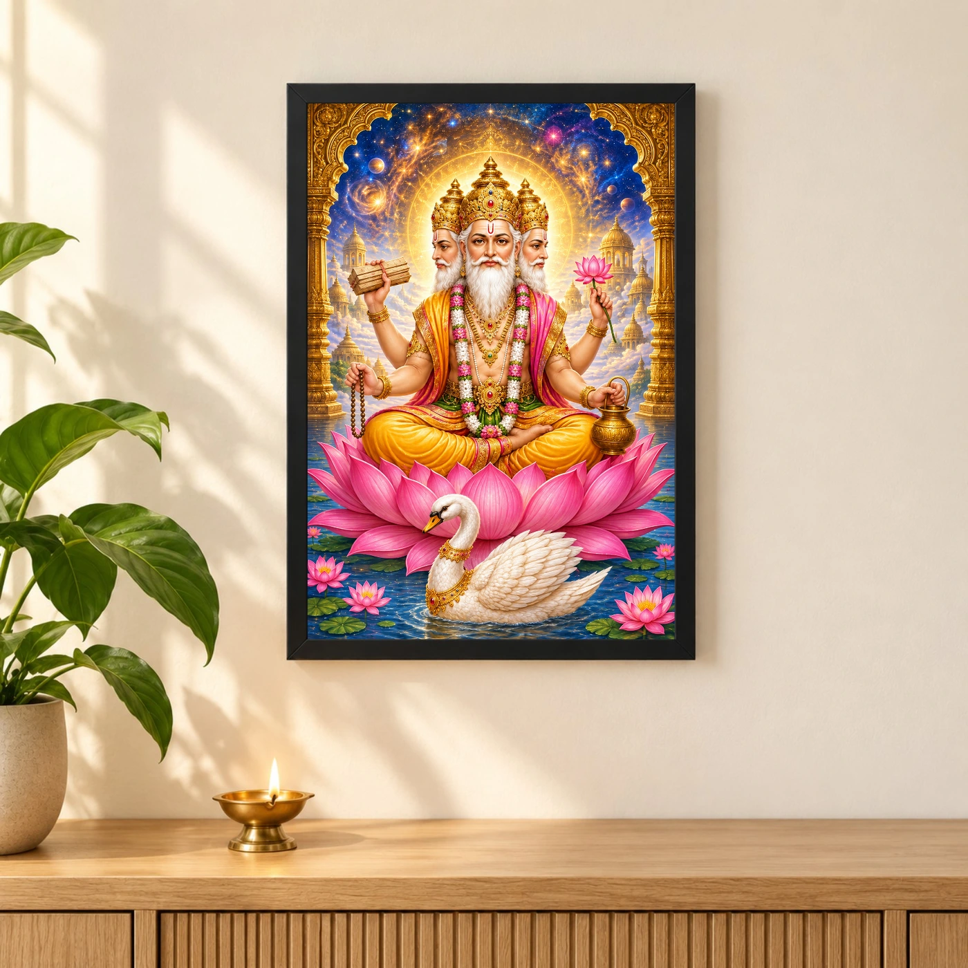 Brahma Four-Faced Lotus Cosmic Photo Frame 3 Brahma Four-Faced Lotus Cosmic Photo Frame — black frame pooja shelf