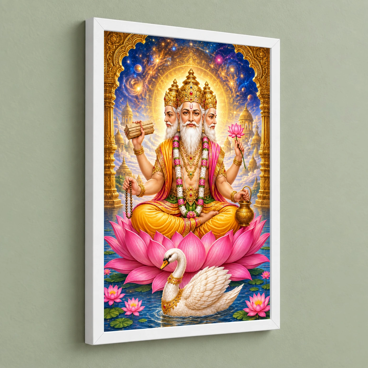 Brahma Four-Faced Lotus Cosmic Photo Frame 5 Brahma Four-Faced Lotus Cosmic Photo Frame — white frame angled wall