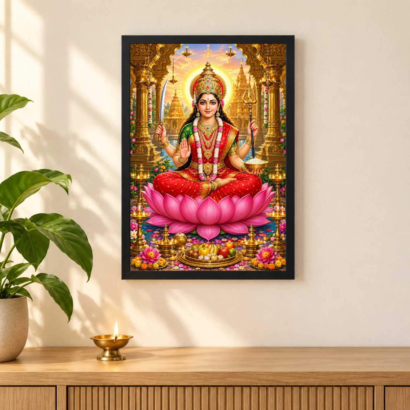 Santoshi Maa Friday Vrat Blessings Photo Frame 3 Santoshi Maa Friday Vrat Blessings Photo Frame — black frame pooja shelf
